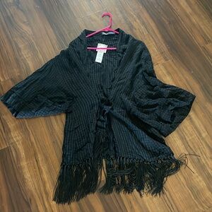 New ZARA Black Fringe Kimono with tie-waist Cover up